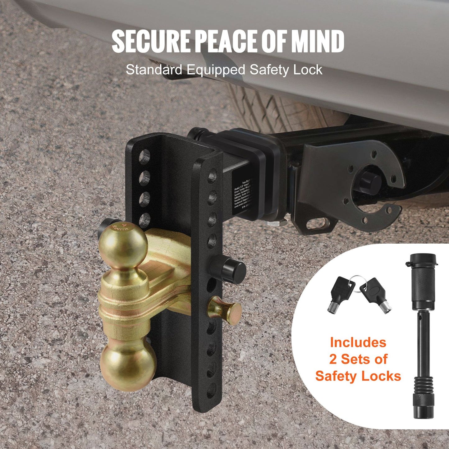 VEVOR Adjustable Trailer Hitch, 203.2 mm Drop & 165.1 mm Rise Hitch Ball Mount with 63.5 mm Receiver, Solid Tube, 6577 kg GTW, 50.8 mm & 58.7 mm 45# Steel Tow Balls with Key Lock for Truck Towing