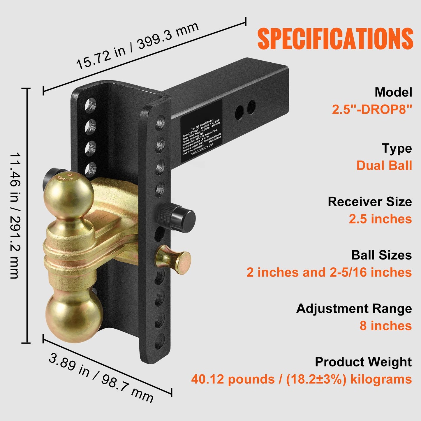 VEVOR Adjustable Trailer Hitch, 203.2 mm Drop & 165.1 mm Rise Hitch Ball Mount with 63.5 mm Receiver, Solid Tube, 6577 kg GTW, 50.8 mm & 58.7 mm 45# Steel Tow Balls with Key Lock for Truck Towing