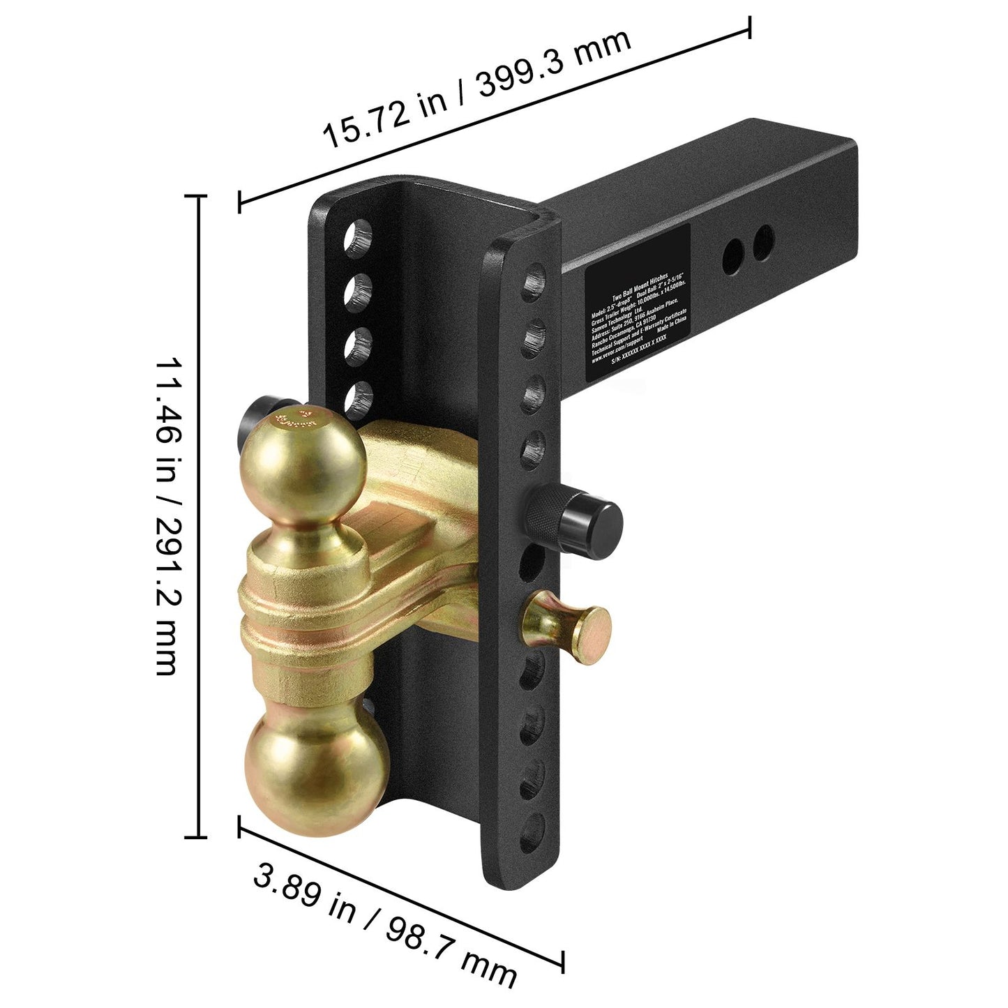 VEVOR Adjustable Trailer Hitch, 203.2 mm Drop & 165.1 mm Rise Hitch Ball Mount with 63.5 mm Receiver, Solid Tube, 6577 kg GTW, 50.8 mm & 58.7 mm 45# Steel Tow Balls with Key Lock for Truck Towing