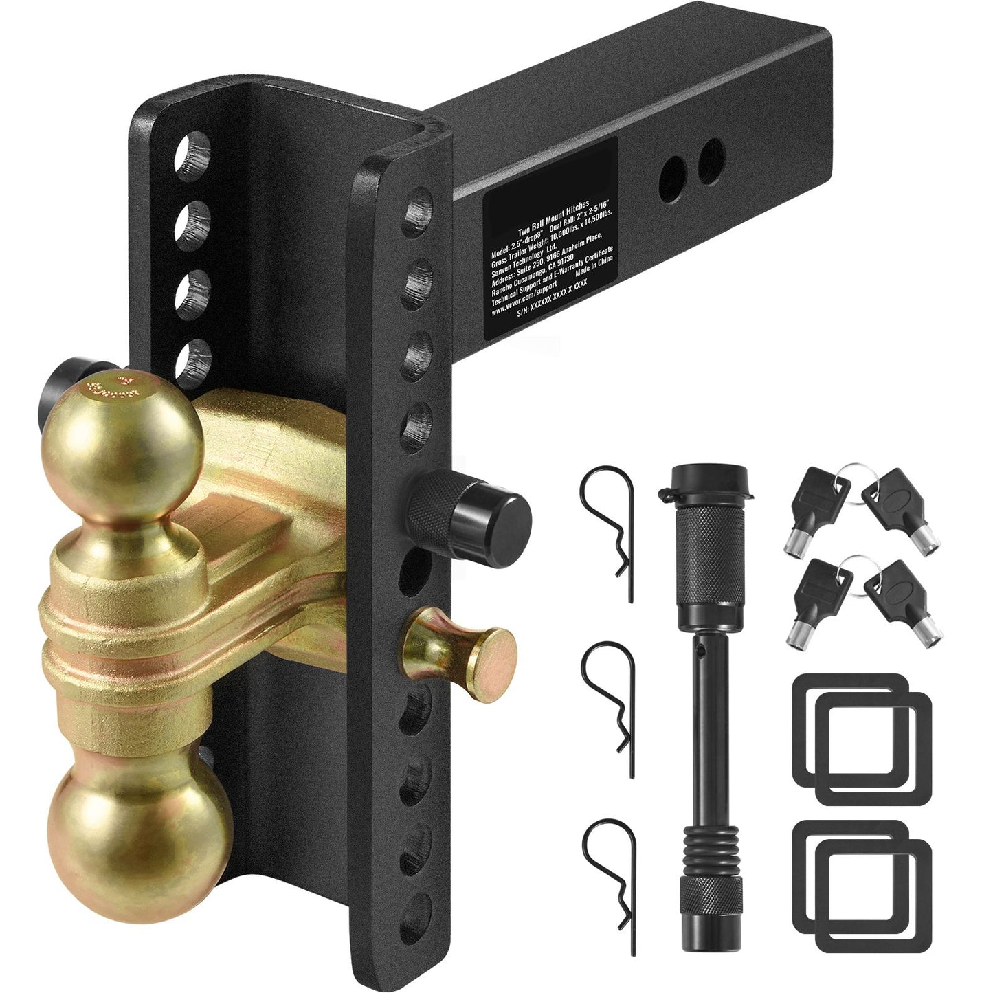 VEVOR Adjustable Trailer Hitch, 203.2 mm Drop & 165.1 mm Rise Hitch Ball Mount with 63.5 mm Receiver, Solid Tube, 6577 kg GTW, 50.8 mm & 58.7 mm 45# Steel Tow Balls with Key Lock for Truck Towing
