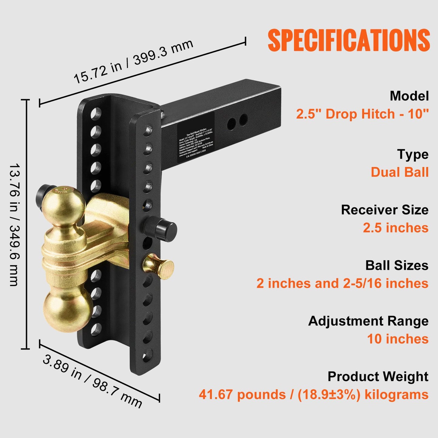 VEVOR Adjustable Trailer Hitch, 25 cm Drop & 21.59 cm Rise Hitch Ball Mount with 6.35 cm Receiver Solid Tube, 6577 kgs GTW, 5.08 cm & 5.08-0.79 cm 45# Steel Tow Balls with Key Lock for Truck Towing