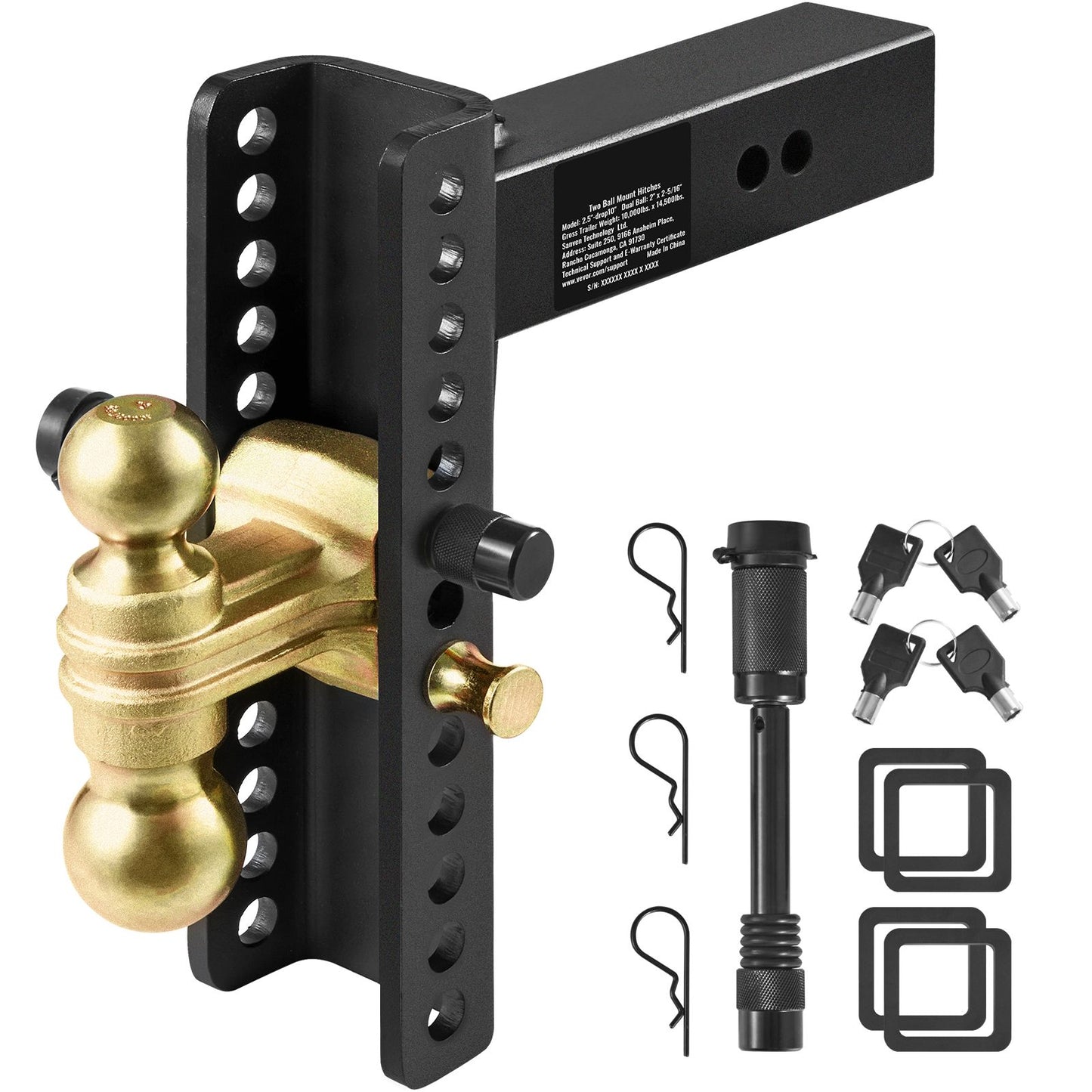 VEVOR Adjustable Trailer Hitch, 25 cm Drop & 21.59 cm Rise Hitch Ball Mount with 6.35 cm Receiver Solid Tube, 6577 kgs GTW, 5.08 cm & 5.08-0.79 cm 45# Steel Tow Balls with Key Lock for Truck Towing