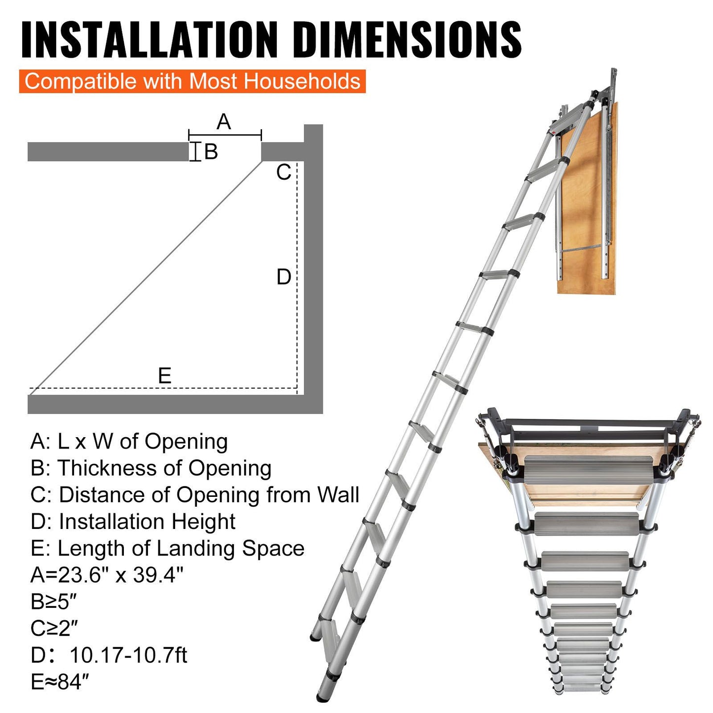 VEVOR Attic Ladder Telescoping, 158.76kg Capacity, 100cm x 59.94cm,Multi-Purpose Aluminium Extension, Lightweight and Portable,Fits298.7cm-320.04cmCeilingHeights,Convenient Access to Your Attic Standa