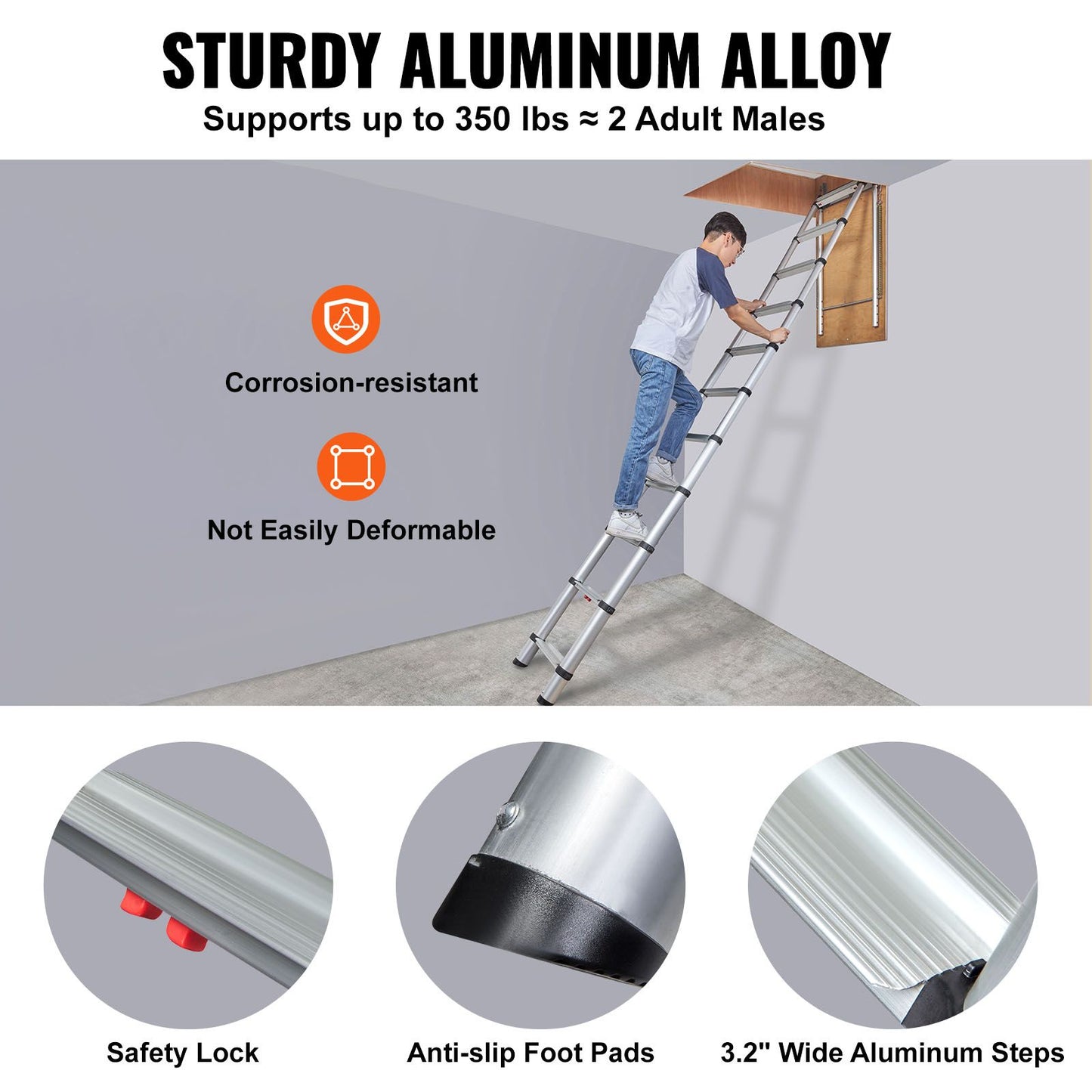 VEVOR Attic Ladder Telescoping, 158.76kg Capacity, 100cm x 59.94cm,Multi-Purpose Aluminium Extension, Lightweight and Portable,Fits298.7cm-320.04cmCeilingHeights,Convenient Access to Your Attic Standa