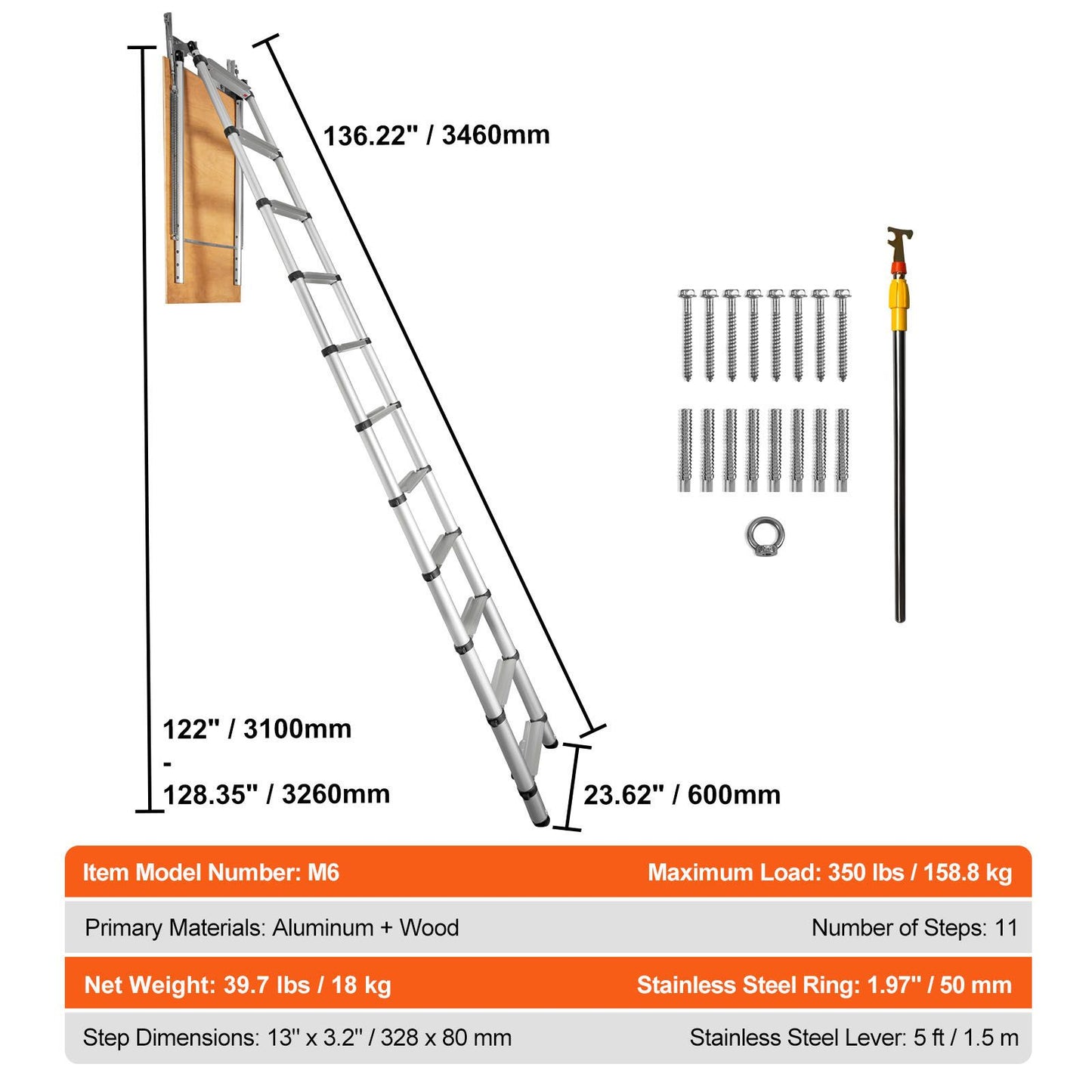 VEVOR Attic Ladder Telescoping, 158.76kg Capacity, 100cm x 59.94cm,Multi-Purpose Aluminium Extension, Lightweight and Portable,Fits298.7cm-320.04cmCeilingHeights,Convenient Access to Your Attic Standa