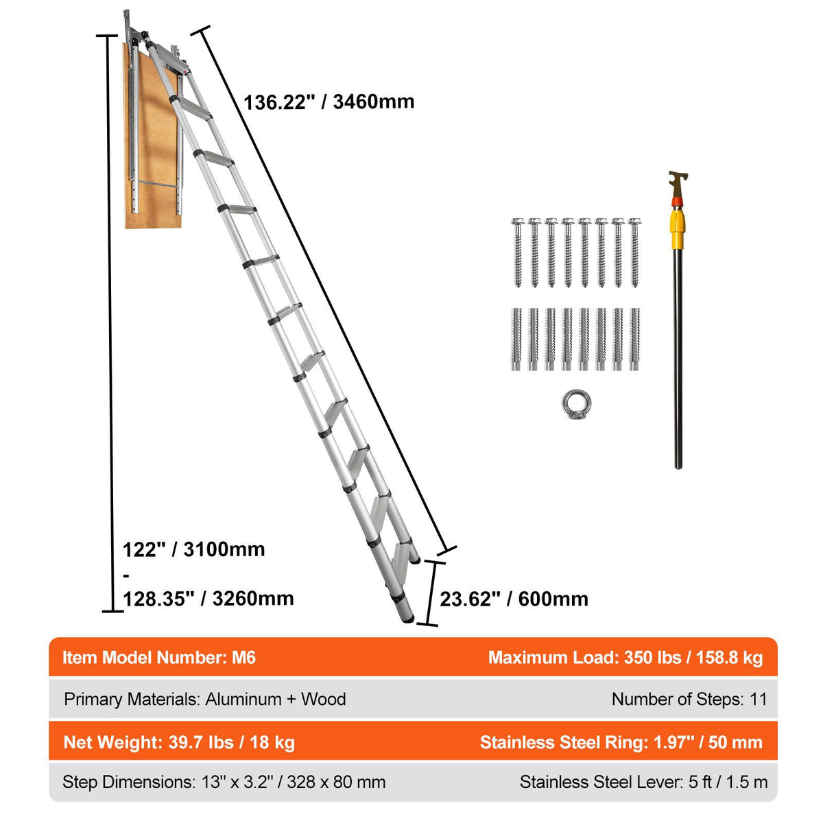 VEVOR Attic Ladder Telescoping, 158.76kg Capacity, 100cm x 59.94cm,Multi-Purpose Aluminium Extension, Lightweight and Portable,Fits298.7cm-320.04cmCeilingHeights,Convenient Access to Your Attic Standa