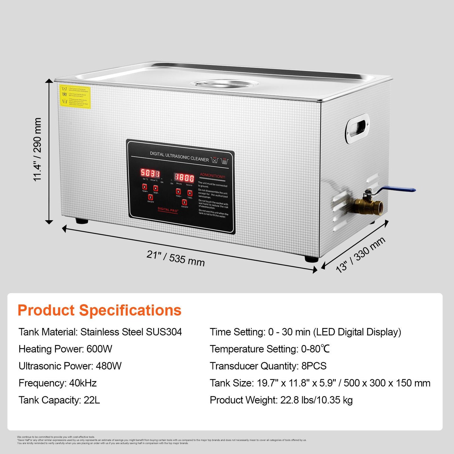 VEVOR 22L Ultrasonic Cleaner with Timer Heating Machine Digital Sonic Cleaner