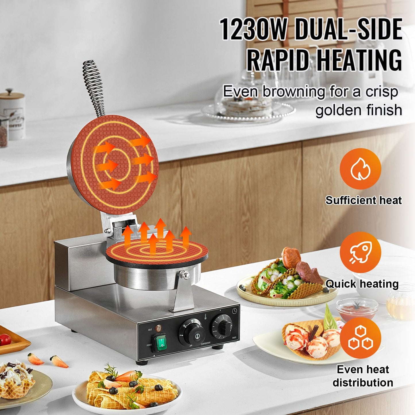 VEVOR Electric Ice Cream Cone Maker, Commercial 1230W Waffle Cone Machine, Non-Stick Stainless Steel Egg Roll Mold, with Temperature and Time Control, Handle, for Restaurant Bakery Snack Bar Family