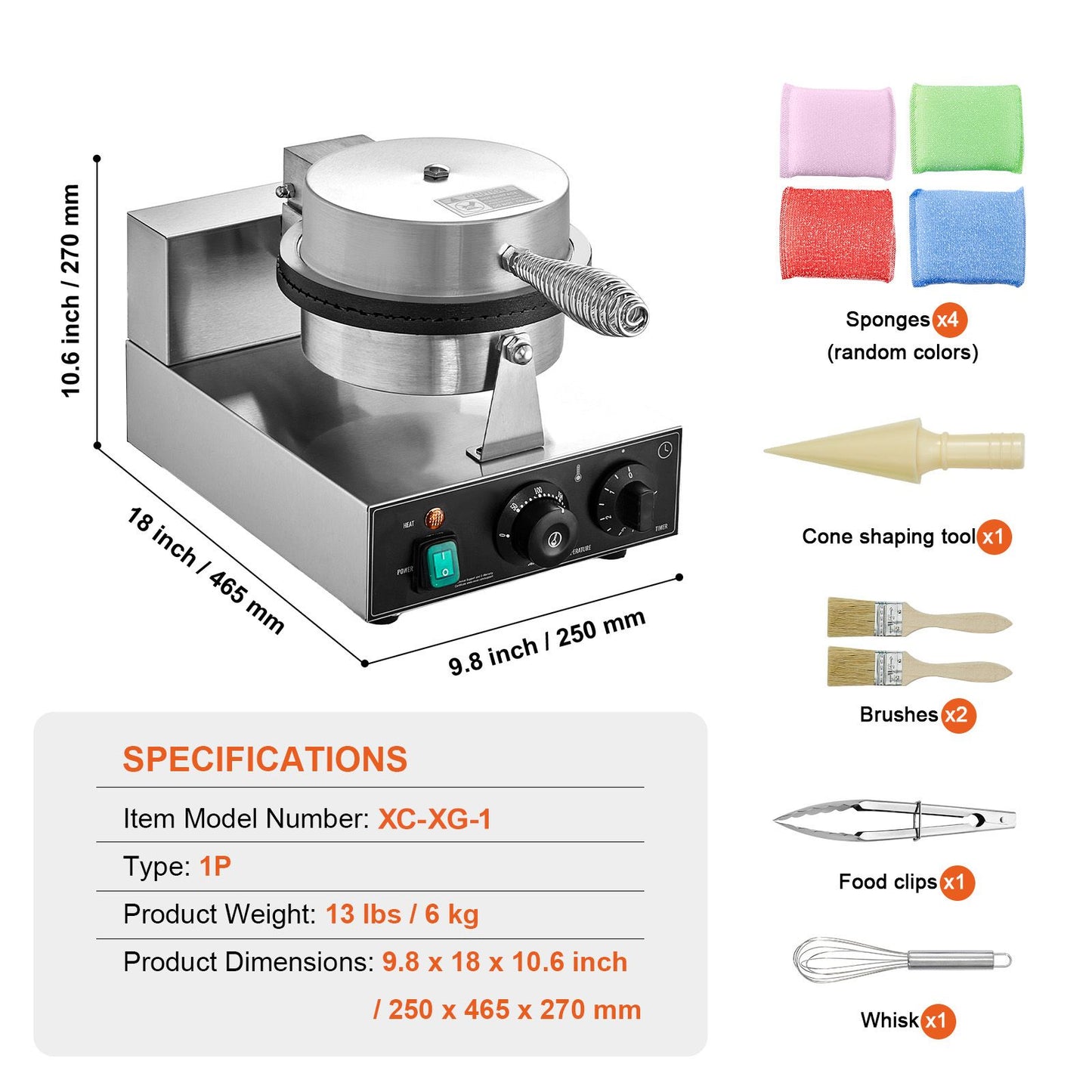 VEVOR Electric Ice Cream Cone Maker, Commercial 1230W Waffle Cone Machine, Non-Stick Stainless Steel Egg Roll Mold, with Temperature and Time Control, Handle, for Restaurant Bakery Snack Bar Family