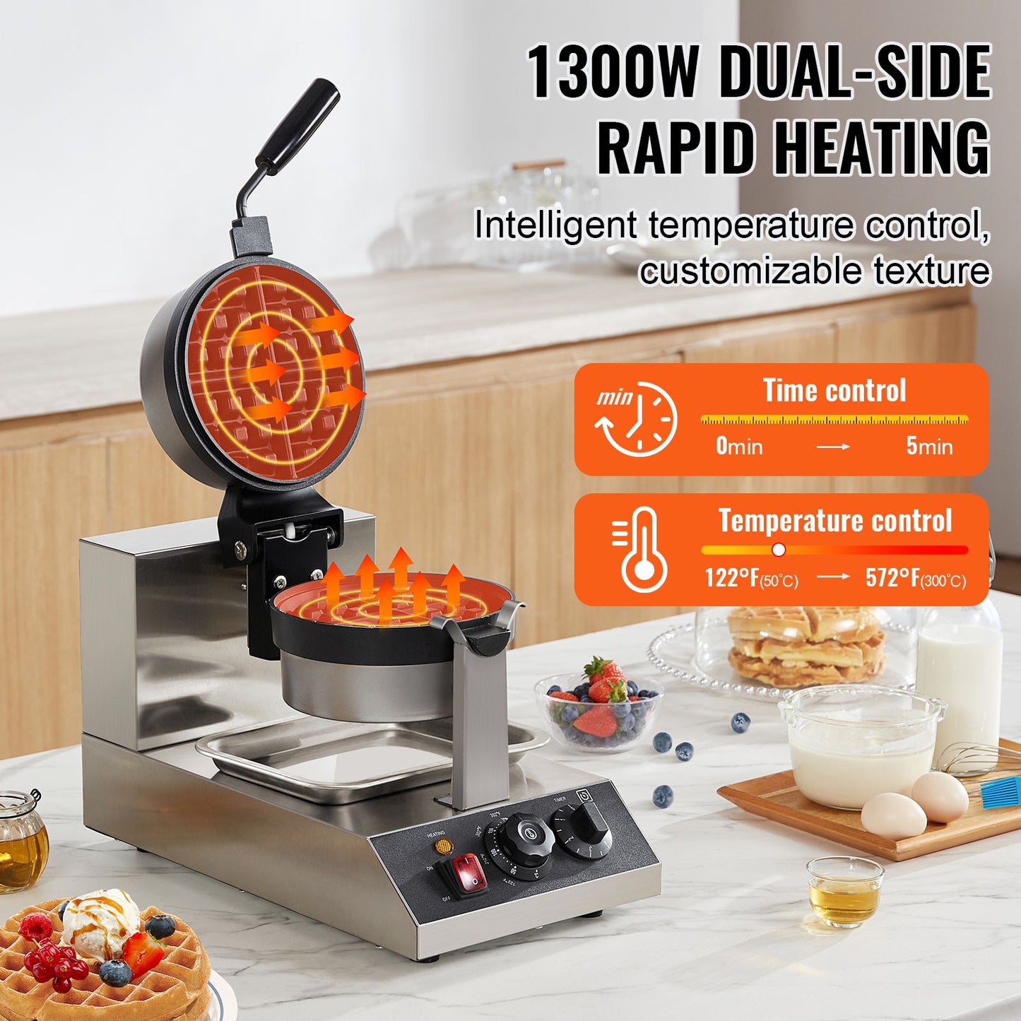 VEVOR Commercial Waffle Maker, 1300W Round Waffle Baker Machine, Non-Stick Stainless Steel Belgian Waffle Iron, Temperature and Time Control, 180° Rotatable, for Restaurant Bakery Snack Bar Family
