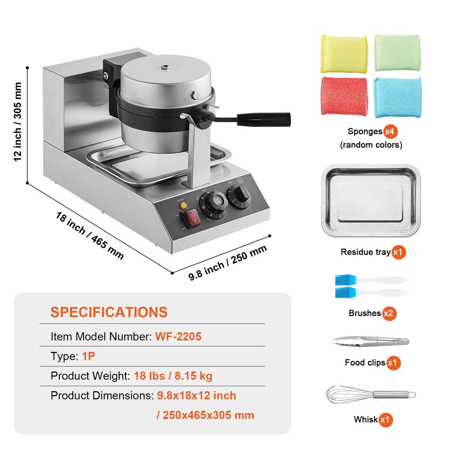 VEVOR Commercial Waffle Maker, 1300W Round Waffle Baker Machine, Non-Stick Stainless Steel Belgian Waffle Iron, Temperature and Time Control, 180° Rotatable, for Restaurant Bakery Snack Bar Family