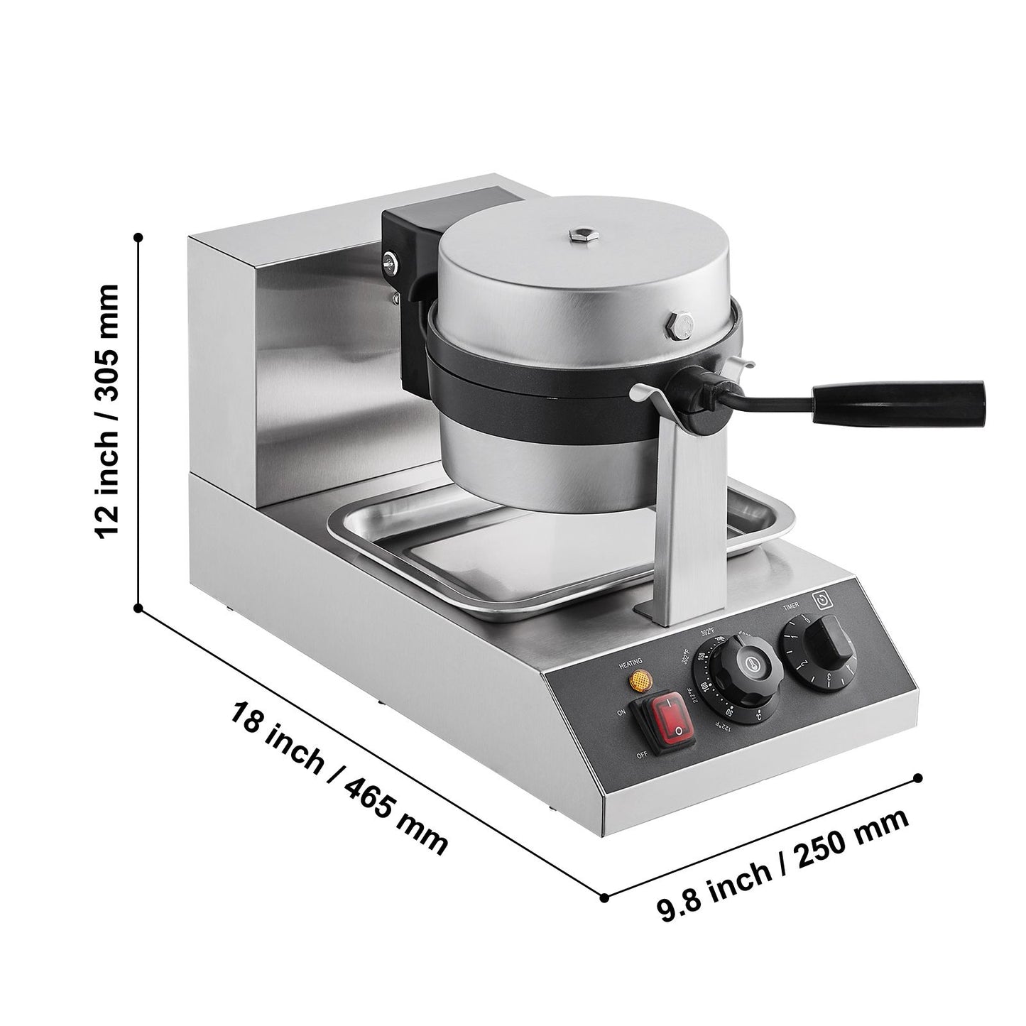 VEVOR Commercial Waffle Maker, 1300W Round Waffle Baker Machine, Non-Stick Stainless Steel Belgian Waffle Iron, Temperature and Time Control, 180° Rotatable, for Restaurant Bakery Snack Bar Family