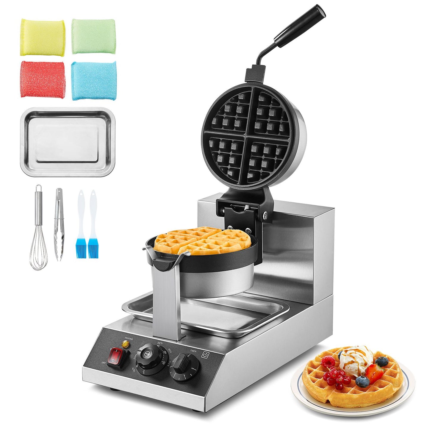 VEVOR Commercial Waffle Maker, 1300W Round Waffle Baker Machine, Non-Stick Stainless Steel Belgian Waffle Iron, Temperature and Time Control, 180° Rotatable, for Restaurant Bakery Snack Bar Family