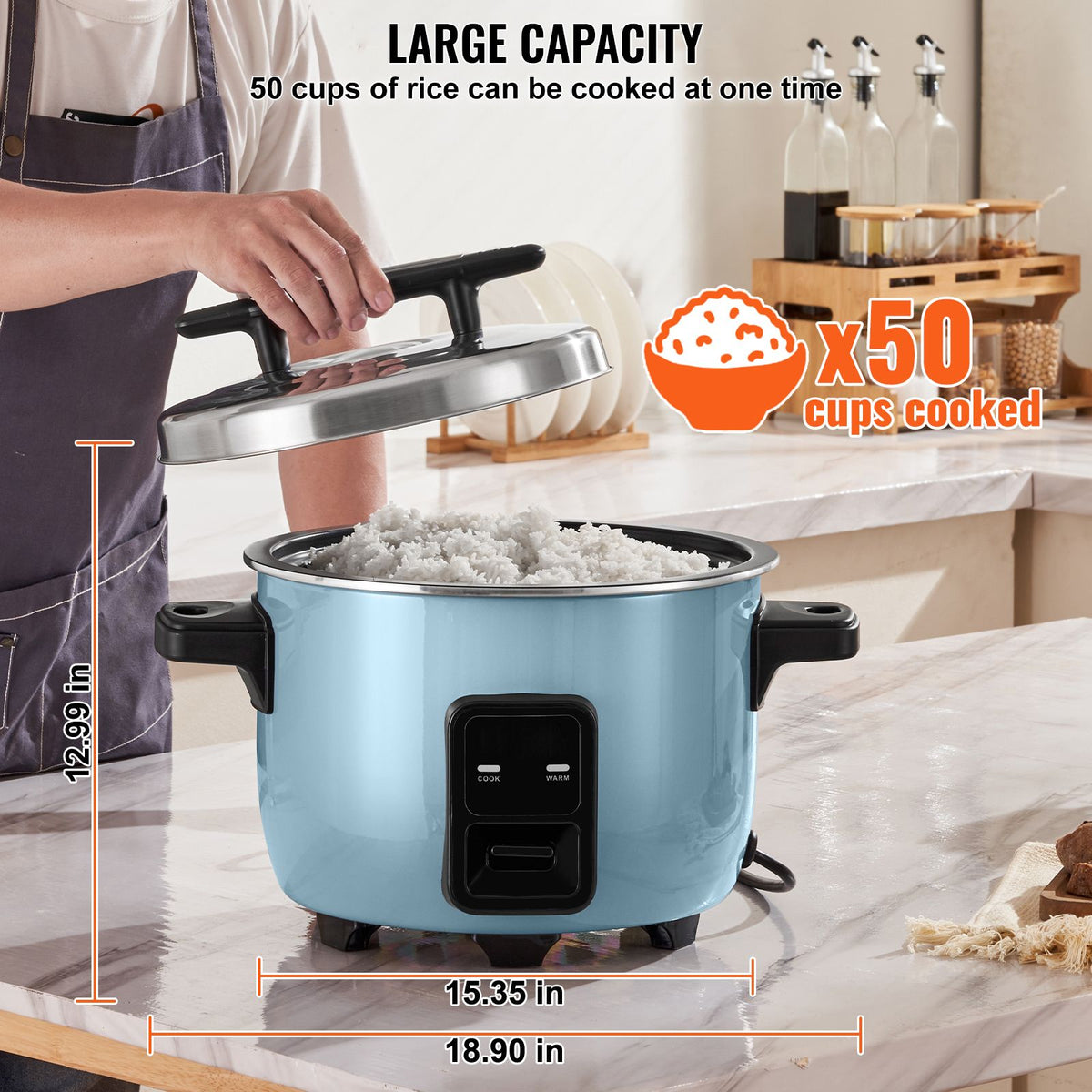 VEVOR Commercial Rice Cooker, 50-Cup Rice Cooker, 10 Liter Large Rice Cooker and Warmer with Nonstick Inner Pot, Fast Cooking and 24-Hour Keep Warm, with Rice Cup and Paddle, for Restaurant