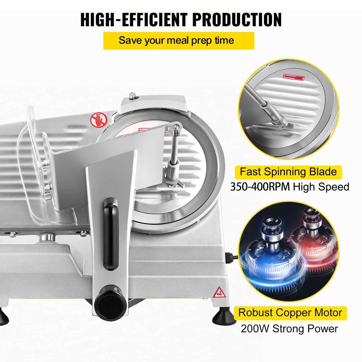 VEVOR Commercial Meat Slicer, 200W Electric Deli Food Slicer, 350-400RPM Meat Slicer with 8" Carbon Steel Blade, 0 - 0.47 inch Adjustable Thickness Electric Meat Slicer for Home and Commercial Use
