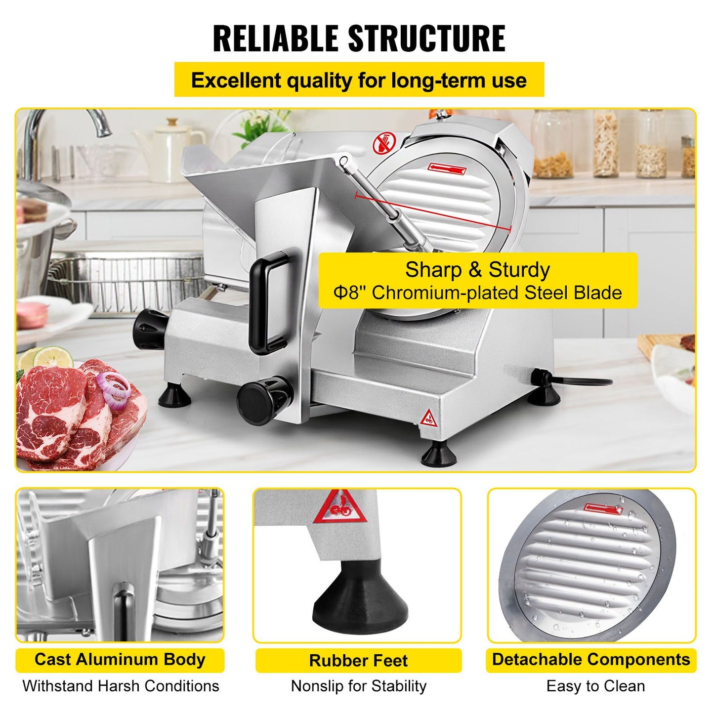 VEVOR Commercial Meat Slicer, 200W Electric Deli Food Slicer, 350-400RPM Meat Slicer with 8" Carbon Steel Blade, 0 - 0.47 inch Adjustable Thickness Electric Meat Slicer for Home and Commercial Use