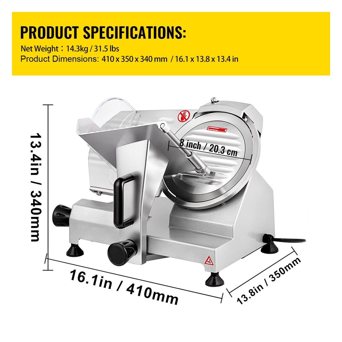VEVOR Commercial Meat Slicer, 200W Electric Deli Food Slicer, 350-400RPM Meat Slicer with 8" Carbon Steel Blade, 0 - 0.47 inch Adjustable Thickness Electric Meat Slicer for Home and Commercial Use