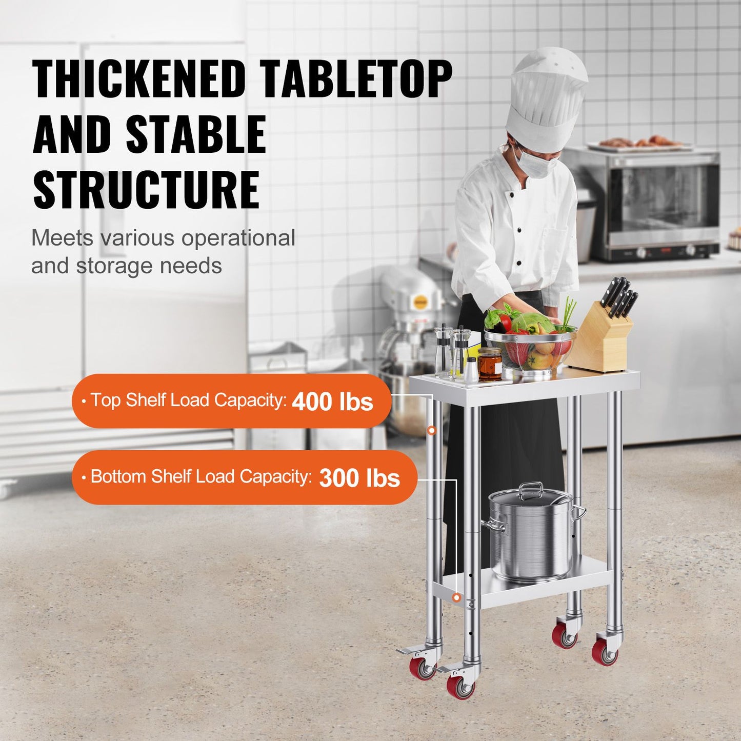VEVOR Stainless Steel Work Table with Wheels 24 x 12 x 32 Inch Prep Table with 4 Casters Heavy Duty Work Table for Commercial Kitchen Restaurant Business
