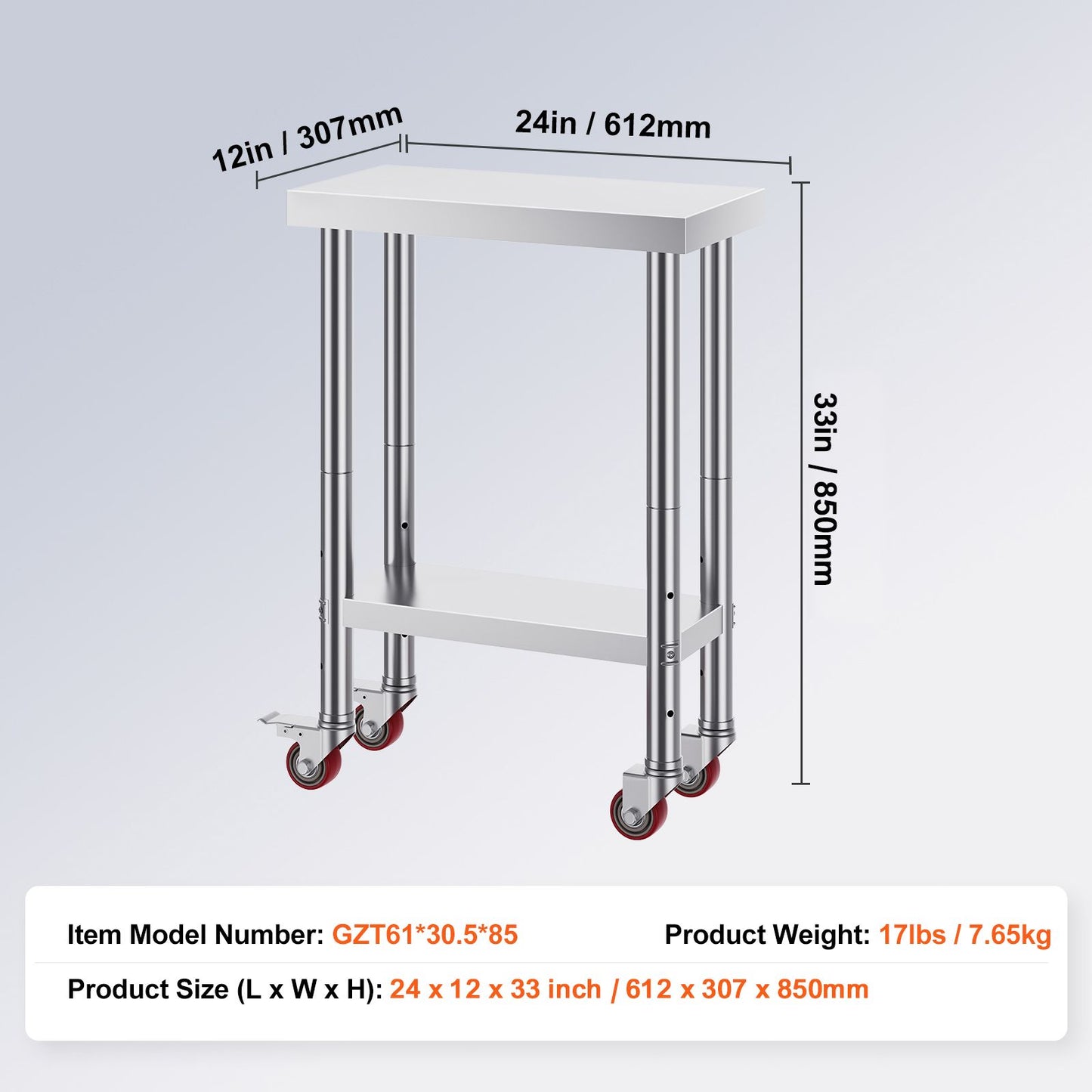 VEVOR Stainless Steel Work Table with Wheels 24 x 12 x 32 Inch Prep Table with 4 Casters Heavy Duty Work Table for Commercial Kitchen Restaurant Business