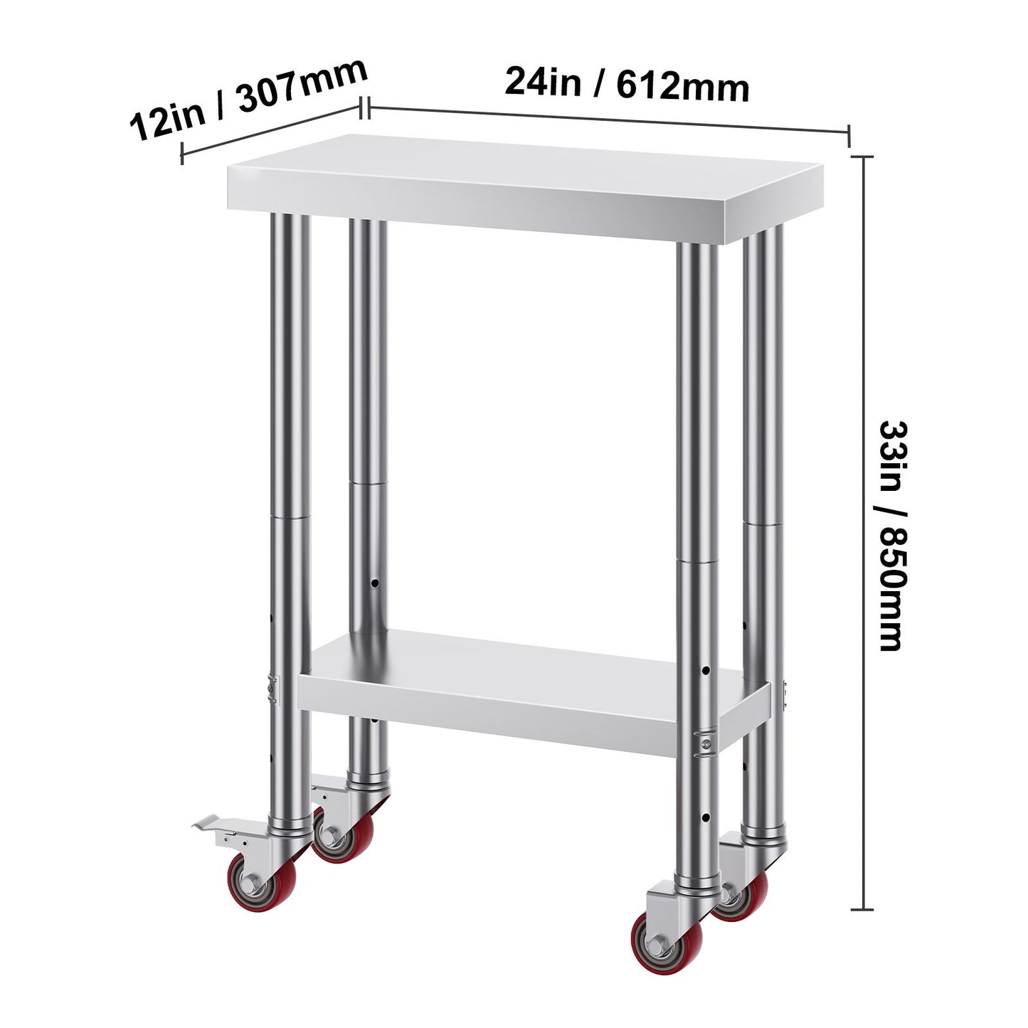 VEVOR Stainless Steel Work Table with Wheels 24 x 12 x 32 Inch Prep Table with 4 Casters Heavy Duty Work Table for Commercial Kitchen Restaurant Business