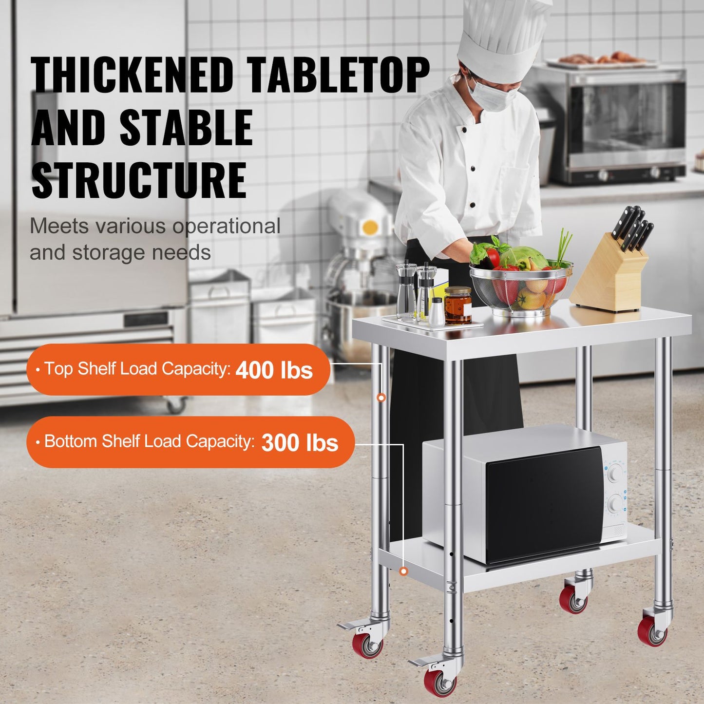 VEVOR Stainless Steel Work Table with Wheels 24 x 30 Prep Table with casters Heavy Duty Work Table for Commercial Kitchen Restaurant Business (24 x 30 x 33.8 Inch)