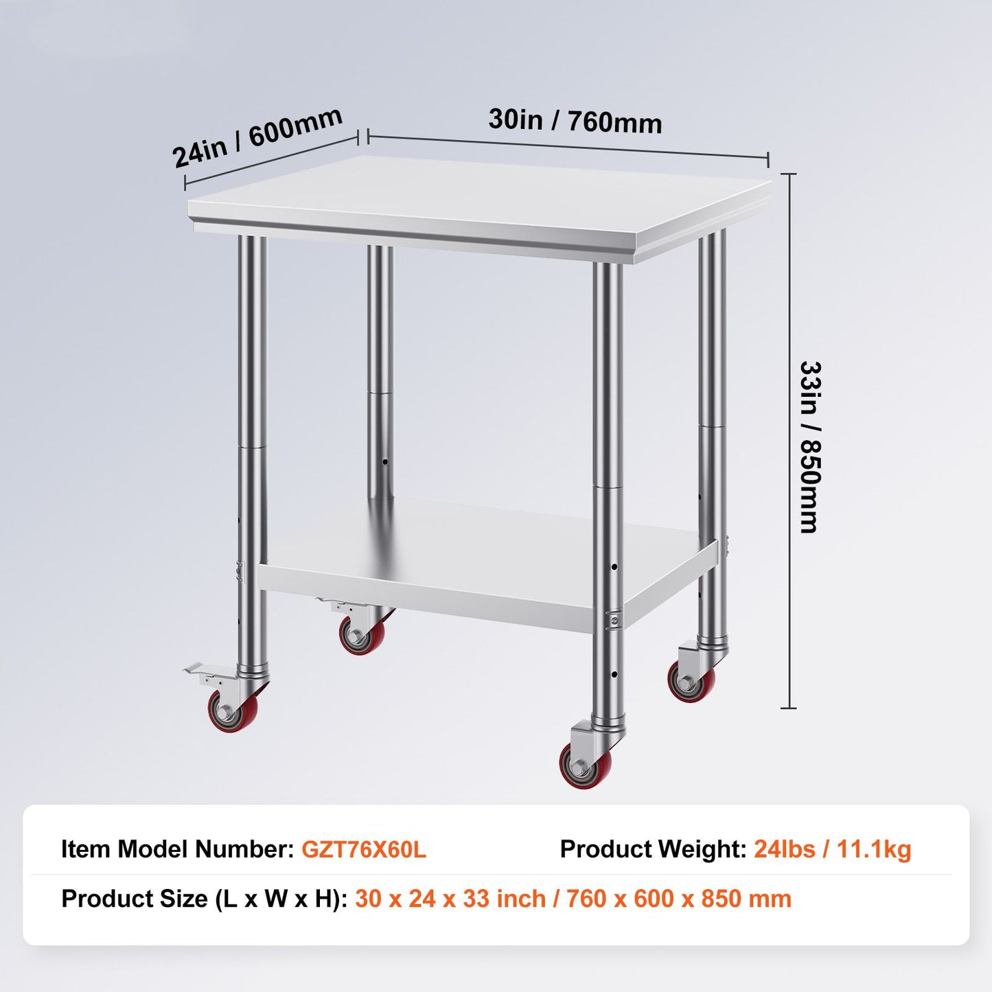 VEVOR Stainless Steel Work Table with Wheels 24 x 30 Prep Table with casters Heavy Duty Work Table for Commercial Kitchen Restaurant Business (24 x 30 x 33.8 Inch)