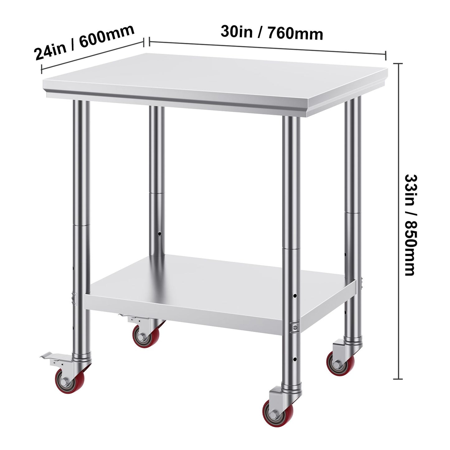 VEVOR Stainless Steel Work Table with Wheels 24 x 30 Prep Table with casters Heavy Duty Work Table for Commercial Kitchen Restaurant Business (24 x 30 x 33.8 Inch)