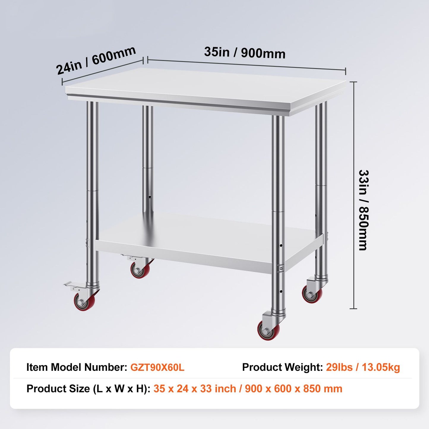 VEVOR Stainless Steel Work Table 36x24 Inch with 4 Wheels Commercial Food Prep Worktable with Casters Heavy Duty Work Table for Commercial Kitchen Restaurant