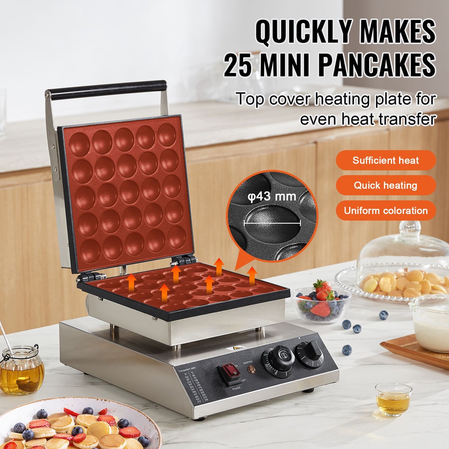 VEVOR Mini Dutch Pancake Maker, 25PCS 43mm Diameter Dorayaki Baker Machine, 1700W Commercial Electric Poffertjes Grill, Non-stick Stainless Steel, Temp & Time Control, for Home Kitchen Restaurant
