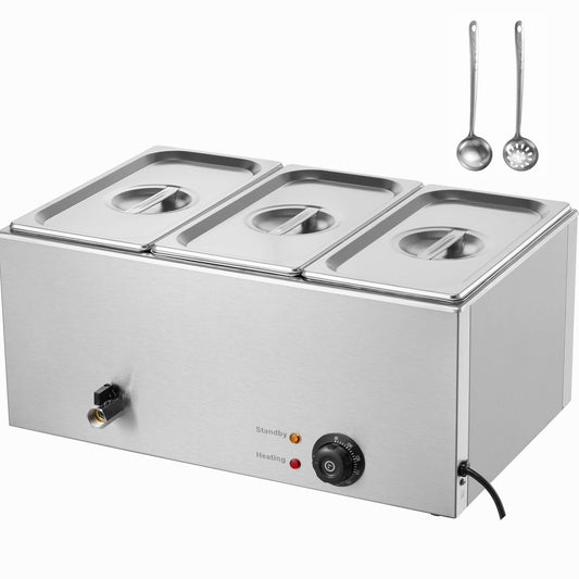 VEVOR 3-Pan Commercial Food Warmer, 16.5L Electric Steam Table, 1200W Professional Countertop Stainless Steel Buffet Bain Marie with 30 - 85℃ Temp Control for Catering and Restaurants, Silver