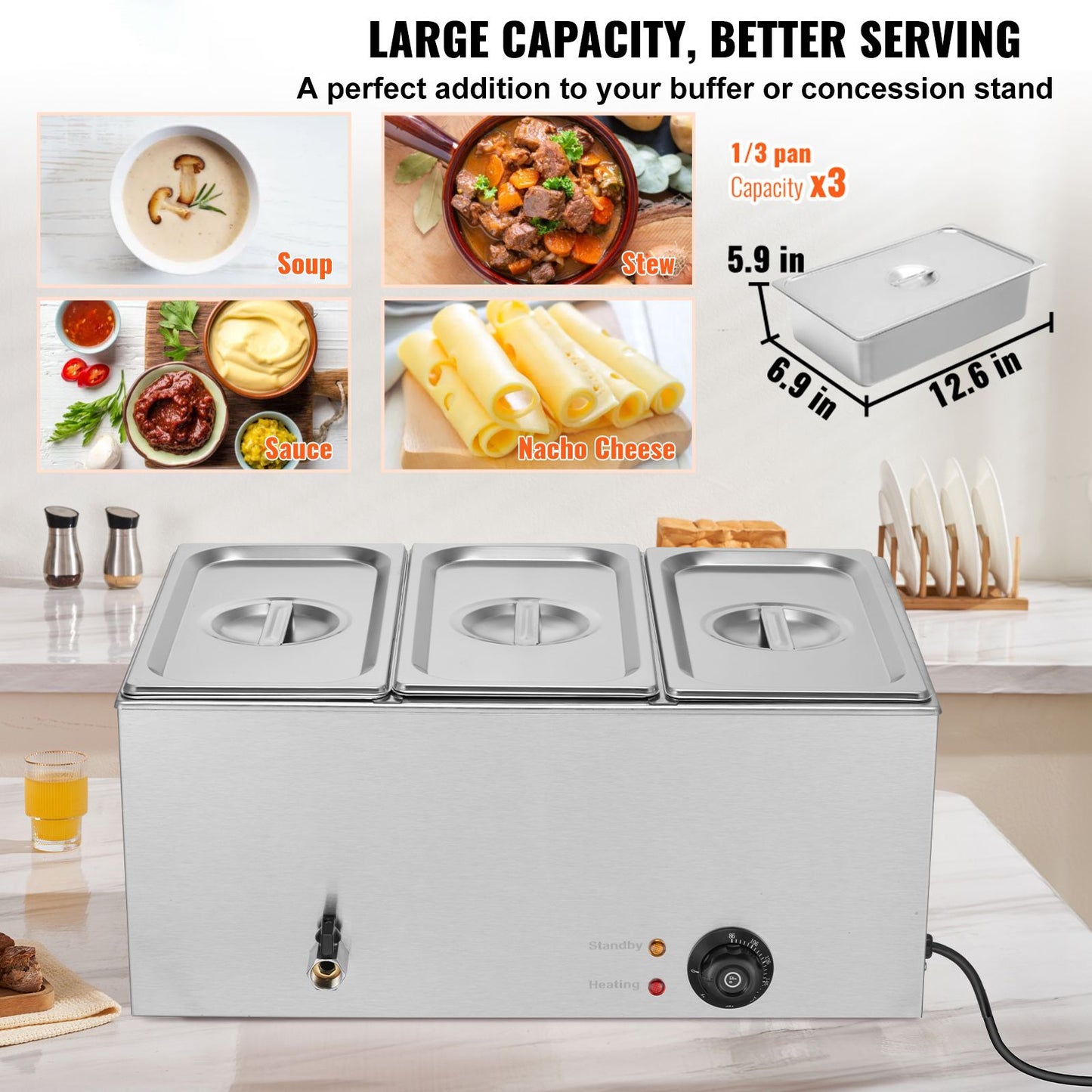 VEVOR 3-Pan Commercial Food Warmer, 16.5L Electric Steam Table, 1200W Professional Countertop Stainless Steel Buffet Bain Marie with 30 - 85℃ Temp Control for Catering and Restaurants, Silver