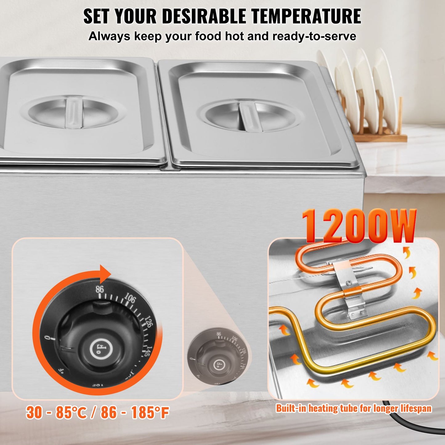 VEVOR 3-Pan Commercial Food Warmer, 16.5L Electric Steam Table, 1200W Professional Countertop Stainless Steel Buffet Bain Marie with 30 - 85℃ Temp Control for Catering and Restaurants, Silver