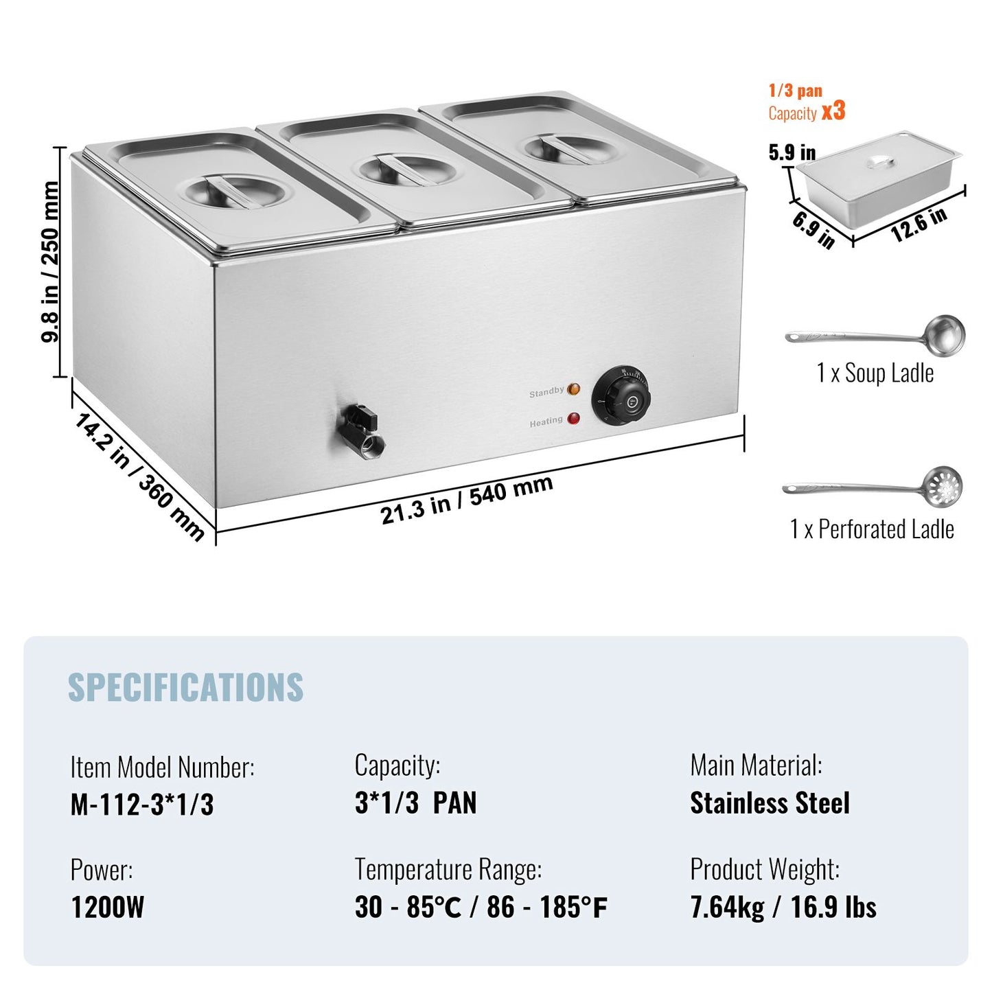 VEVOR 3-Pan Commercial Food Warmer, 16.5L Electric Steam Table, 1200W Professional Countertop Stainless Steel Buffet Bain Marie with 30 - 85℃ Temp Control for Catering and Restaurants, Silver