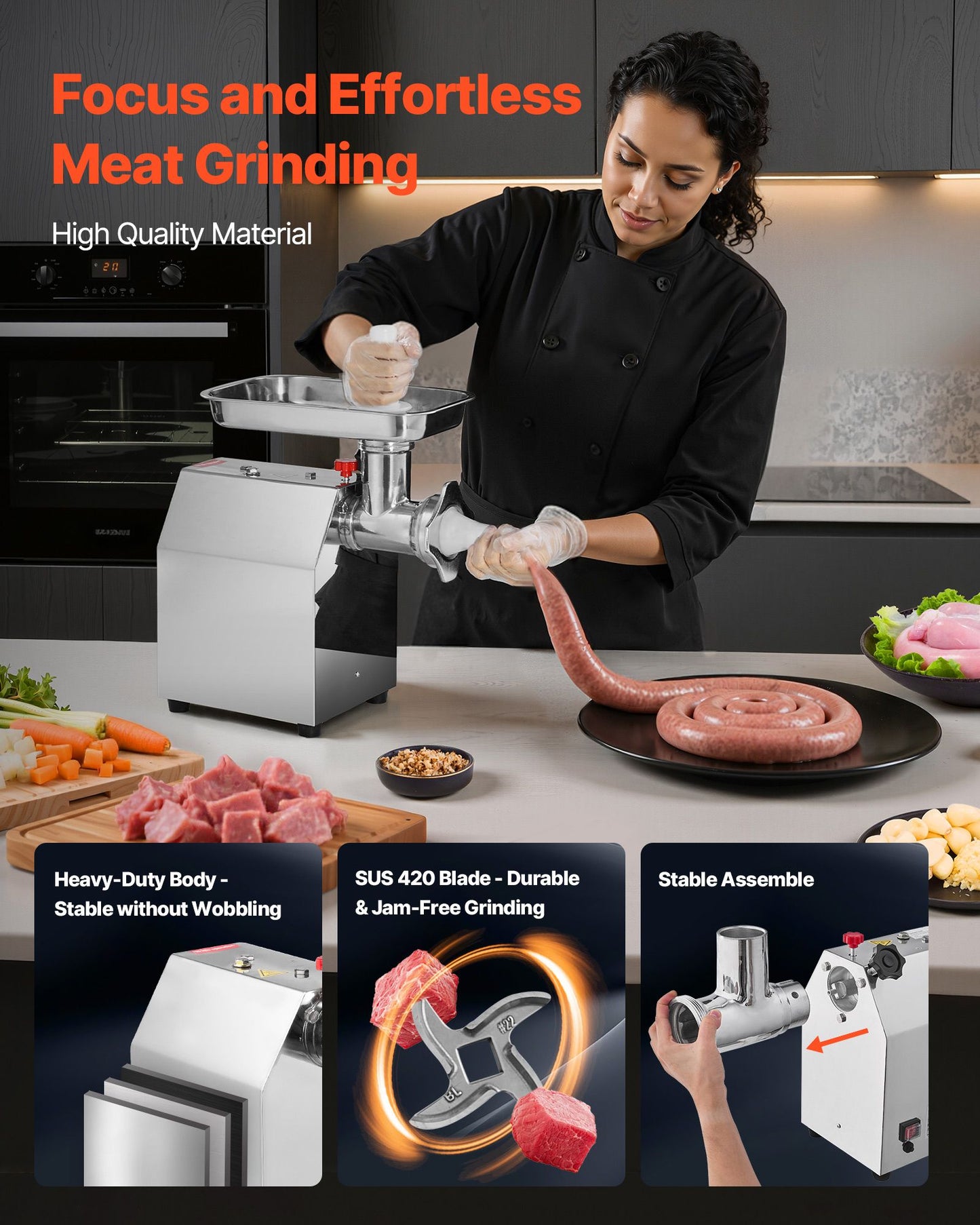 VEVOR Commercial Electric Meat Grinder 9.2 Lbs/Min Sausage Stuffer Maker Kitchen