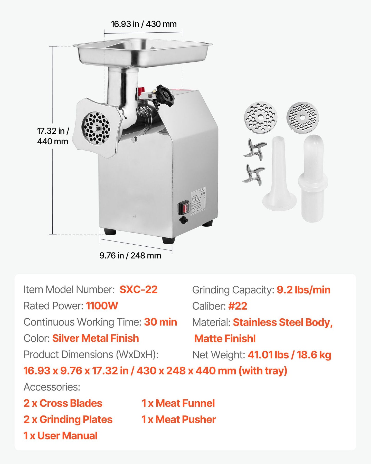 VEVOR Commercial Electric Meat Grinder 9.2 Lbs/Min Sausage Stuffer Maker Kitchen