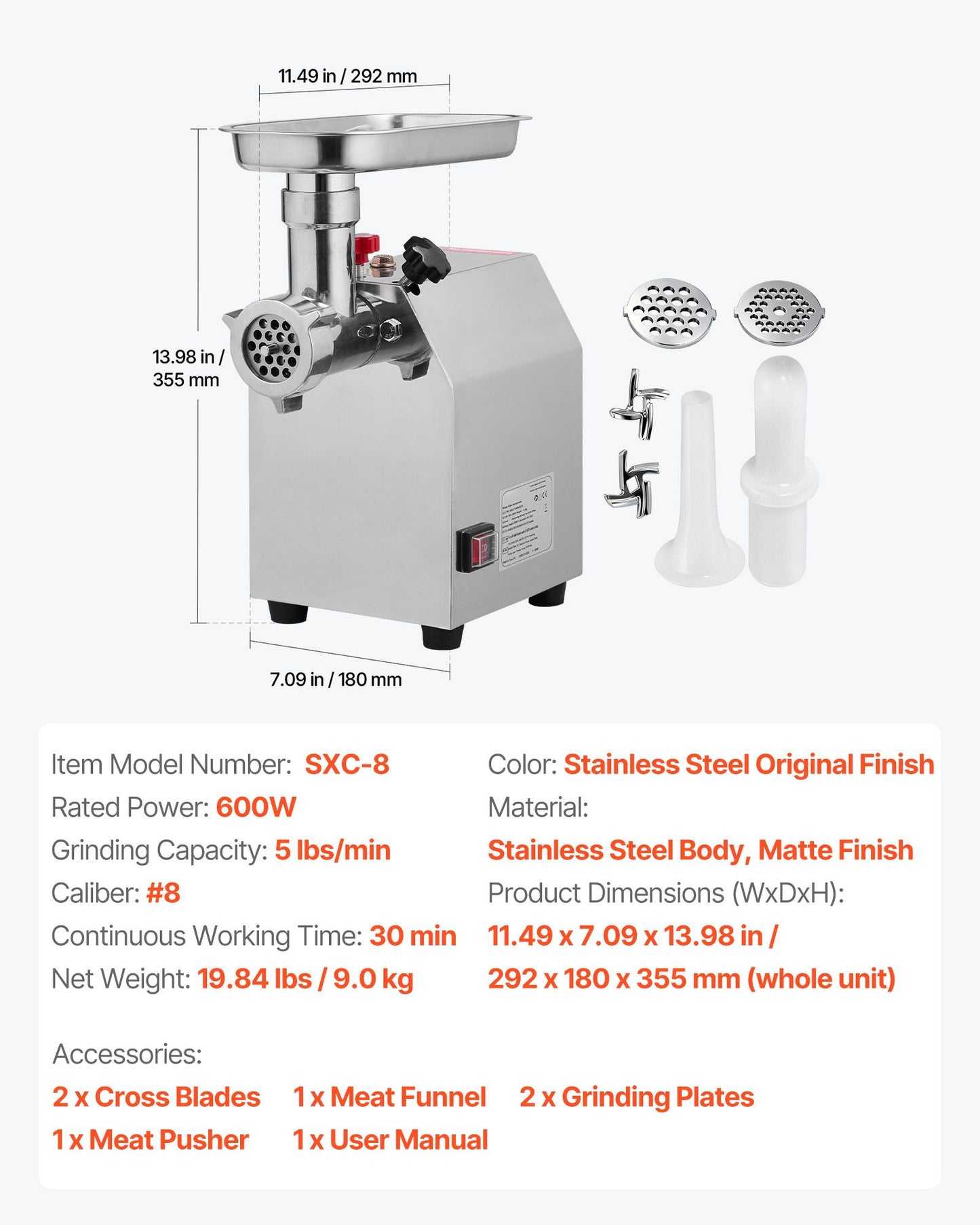 VEVOR Commercial Electric Meat Grinder 4.5 Lbs/Min Sausage Stuffer Maker Kitchen