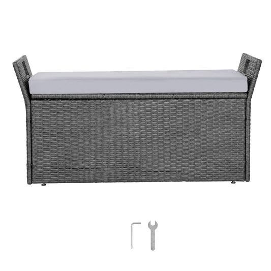 VEVOR Outdoor Storage Bench, 2-Person PE Rattan Storage Bench, 151L Deck Box with Cushion & Side Handle, Supports up to 181kg, Weatherproof Outdoor Seating & Porch Decor for Patio Garden Balcony