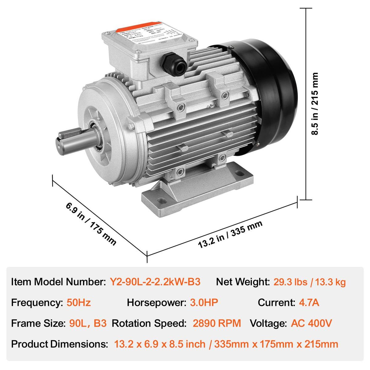 2.2KW Electric Motor 2890 rpm, AC 400V 4.7A, 90L, B3 Frame, Air Compressor Motor 3-Phase, 24mm Keyed Shaft, CW/CCW Rotation for Agricultural Machinery and General Equipment