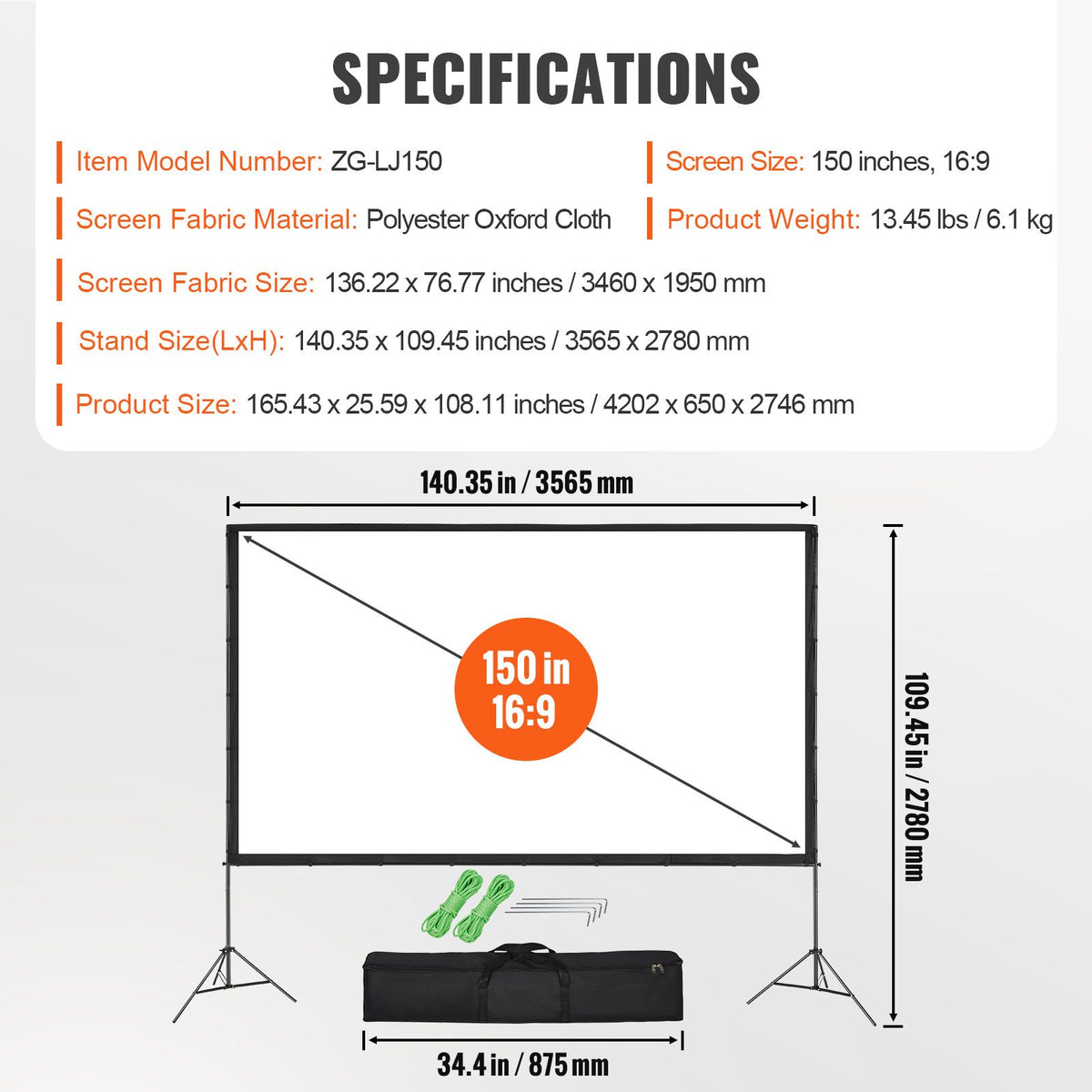 VEVOR Projector Screen with Stand, 150 inch 16:9 4K 1080 HD Outdoor Movie Screen with Stand, Wrinkle-Free Projection Screen with Tripods and Carry Bag, for Home Theater Cinema Backyard Movie Night