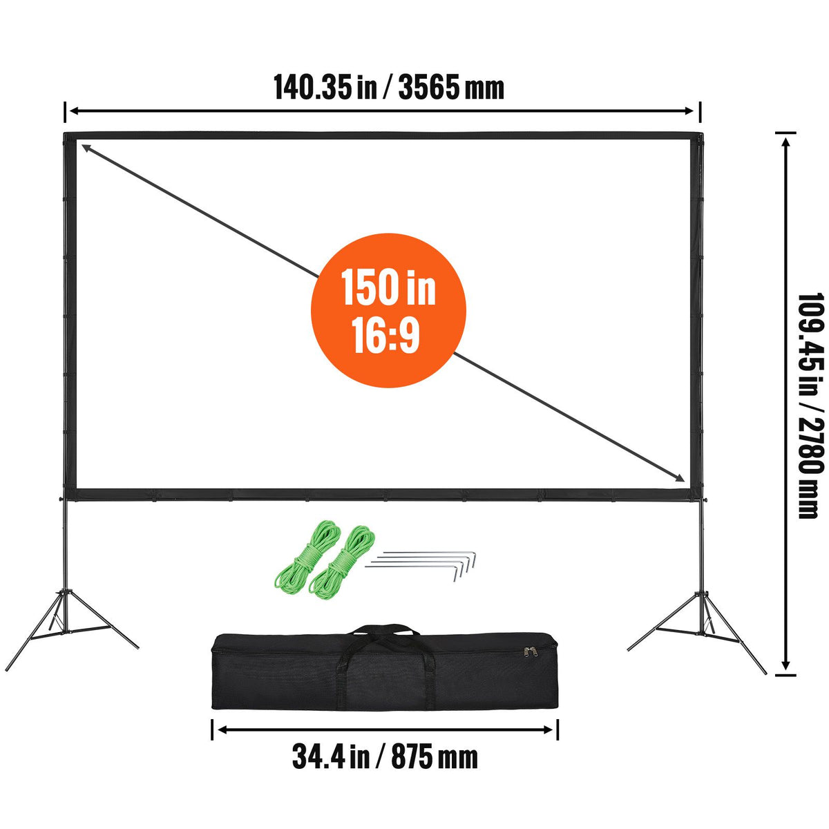 VEVOR Projector Screen with Stand, 150 inch 16:9 4K 1080 HD Outdoor Movie Screen with Stand, Wrinkle-Free Projection Screen with Tripods and Carry Bag, for Home Theater Cinema Backyard Movie Night