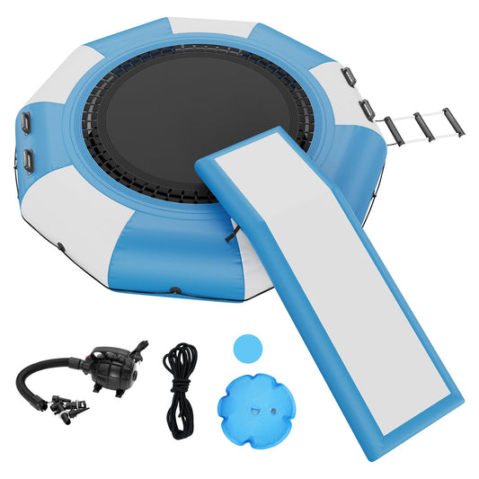 VEVOR Inflatable Water Bouncer, 10ft Recreational Water Trampoline, Portable Bounce Swim Platform with Slide, 3-Step Ladder & Electric Air Pump, Kid Adult Floating Rebounder for Pool Lake Water Sports