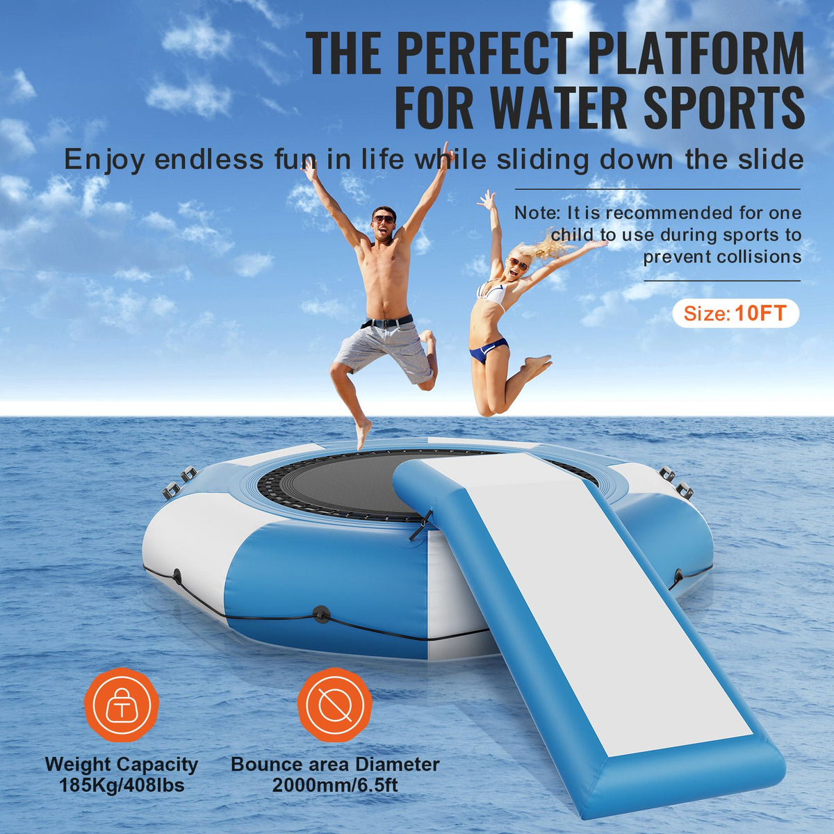 VEVOR Inflatable Water Bouncer, 10ft Recreational Water Trampoline, Portable Bounce Swim Platform with Slide, 3-Step Ladder & Electric Air Pump, Kid Adult Floating Rebounder for Pool Lake Water Sports