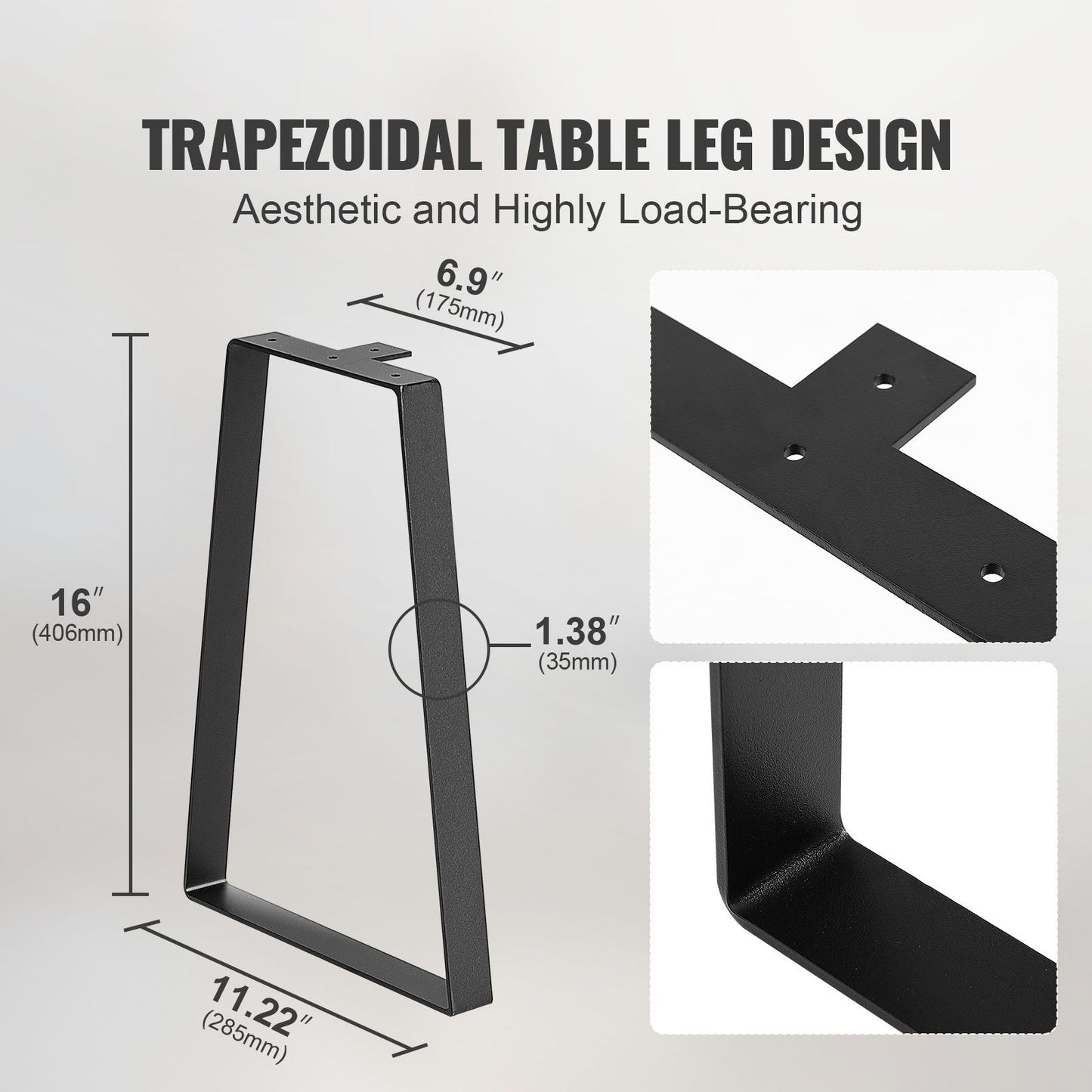 VEVOR 406.4MM Trapezoid Steel Table Legs, Replacement Furniture Legs Set of 2 for DIY Coffee Tables, Modern Desks, Bench, Night Stands, Sofa, Max Load 181.4KG Heavy Duty, Quick Instalation Legs Black