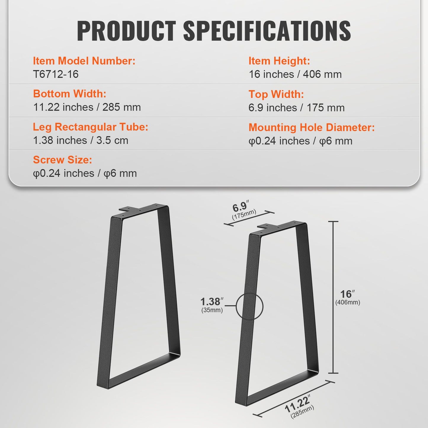 VEVOR 406.4MM Trapezoid Steel Table Legs, Replacement Furniture Legs Set of 2 for DIY Coffee Tables, Modern Desks, Bench, Night Stands, Sofa, Max Load 181.4KG Heavy Duty, Quick Instalation Legs Black