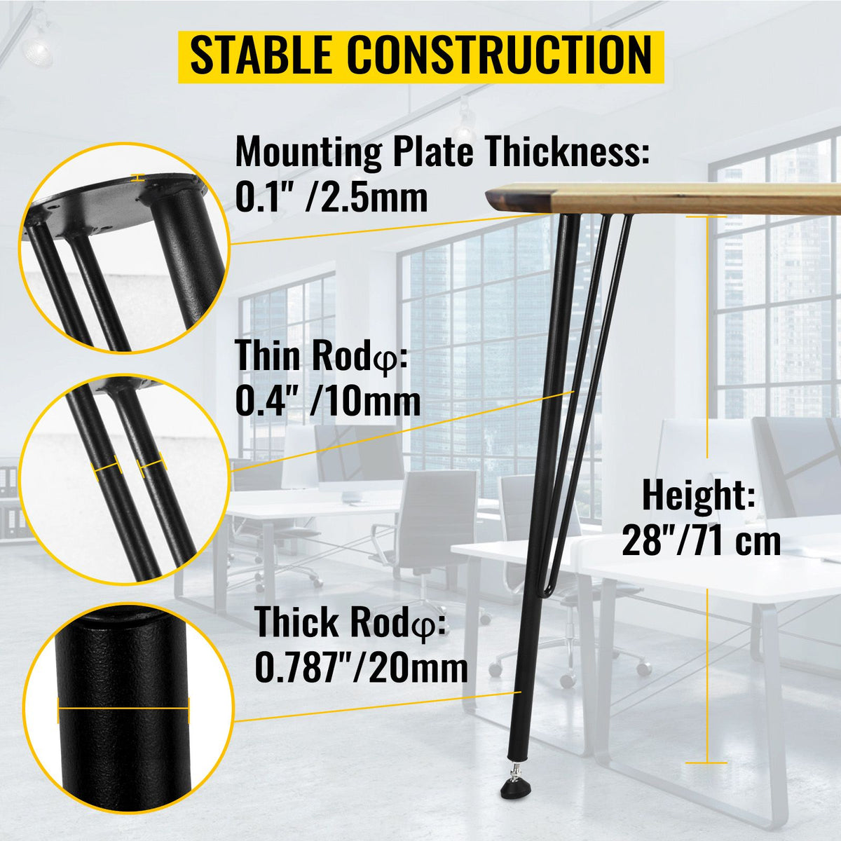 VEVOR Hairpin Table Legs Metal Coffee Table Legs Desk 28" Height 3-Rod Set of 4