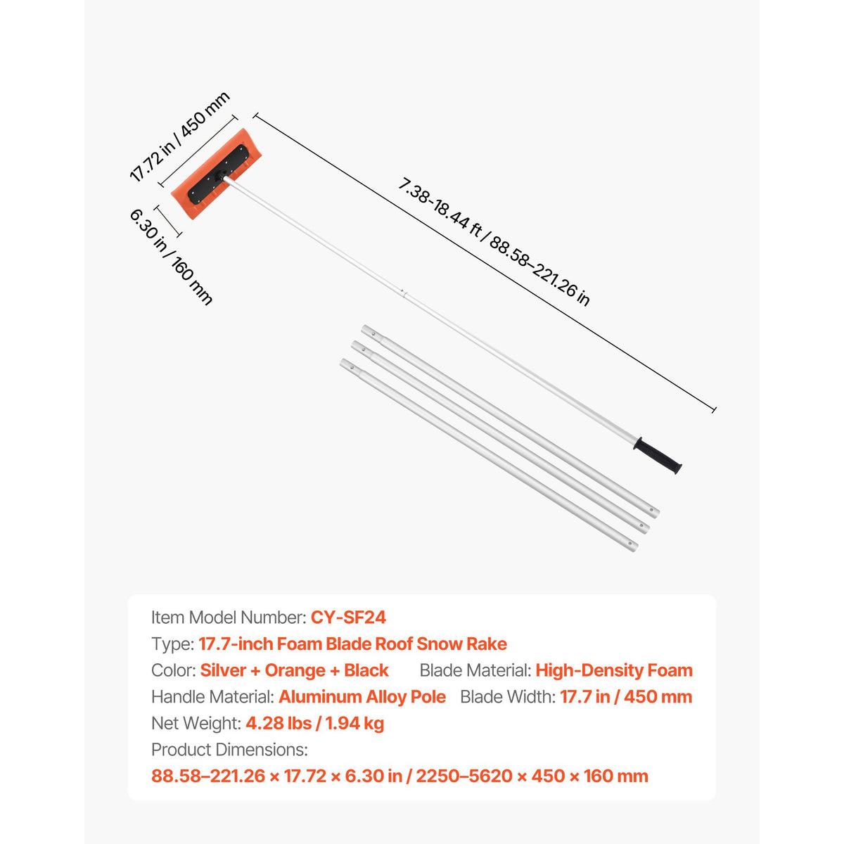 Snow Roof Rake, 45cm Foam Blade, 2.25-5.62 m Adjustable Roof Snow Scraper, Extension Tubes & Non-Slip Handle, Lightweight Snows Removal Tool for House Leaves Debris Clearing