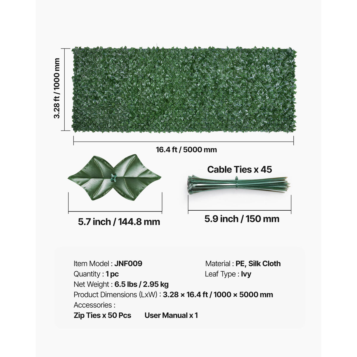 VEVOR Ivy Privacy Fence, 39 x 198in Artificial Green Wall Screen, Greenery Ivy Fence with Mesh Cloth Backing and Strengthened Joint, Faux Hedges Vine Leaf Decoration for Outdoor Garden, Yard, Balcony