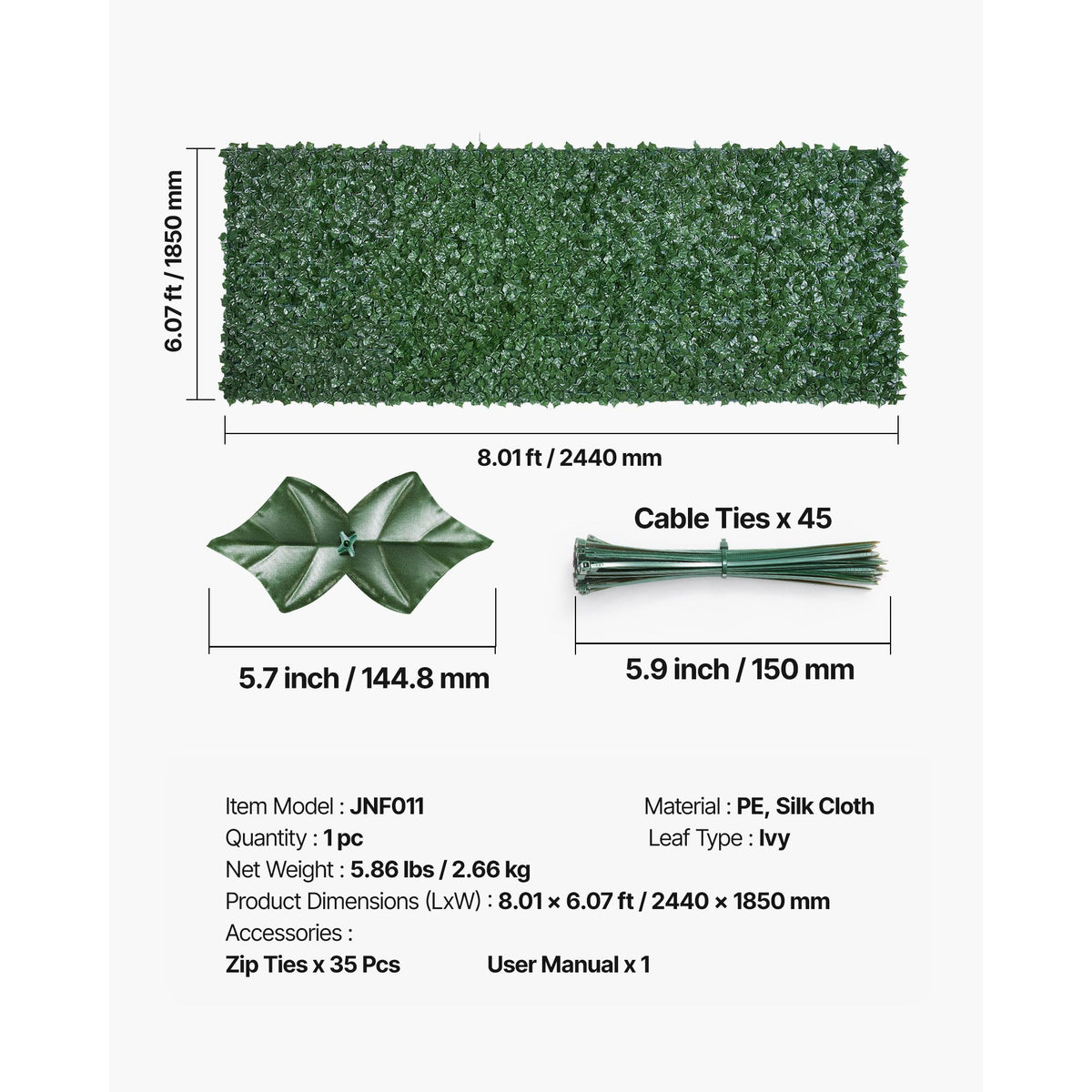 VEVOR Ivy Privacy Fence, 1830 x 2440 mm Artificial Green Wall Screen, Greenery Ivy Fence with Mesh Cloth Backing and Strengthened Joint, Faux Hedges Vine Leaf Decoration for Outdoor Garden, Yard