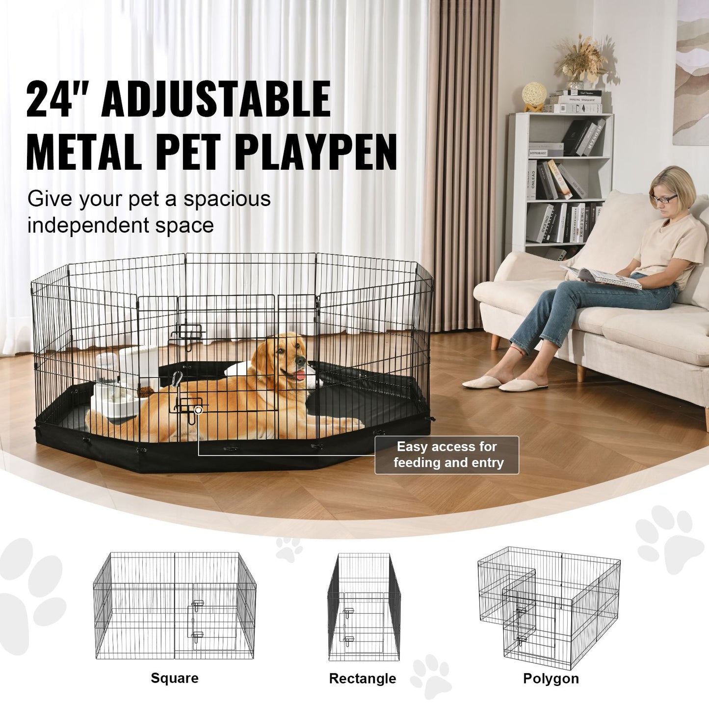 VEVOR Dog Playpen, 8 Panels Foldable Metal Dog Exercise Pen with Bottom Pad, 24" H Pet Fence Puppy Crate Kennel with Ground Stakes, Indoor Outdoor Dog Pen for Small Medium Pets, for Camping, Yard