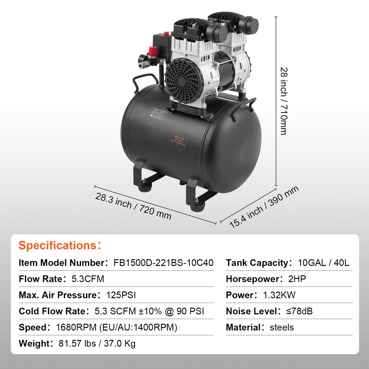 VEVOR Air Compressor Compact Portable Oil Free Compressor 40L 90 PSI